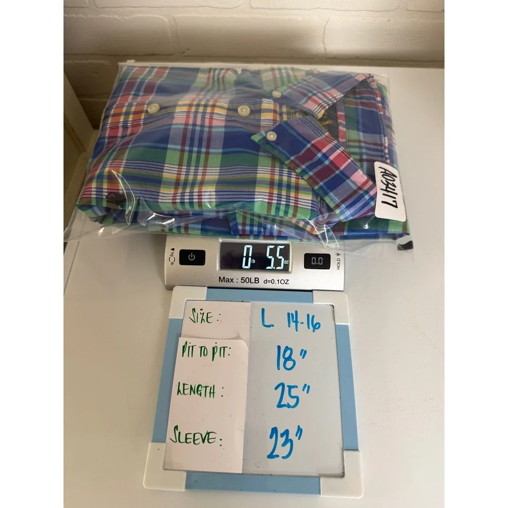 Polo Ralph Lauren Boys L 14-16 Multicolor Plaid Madras Button Down Shirt Stretch